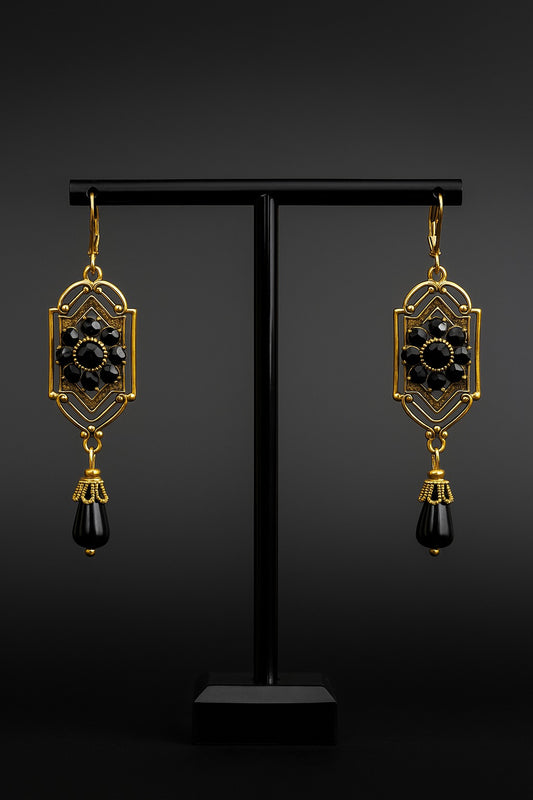 Oorbellen Boho Waterdrop met Goudkleur & Steen zwart